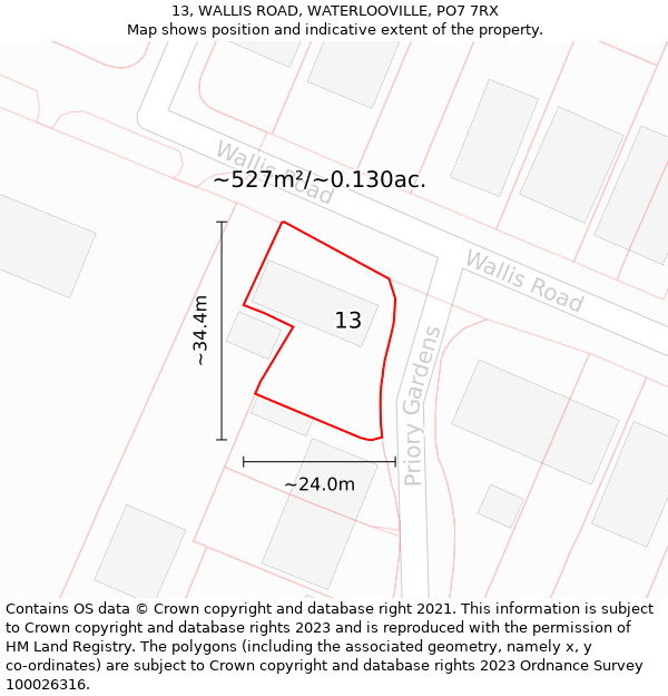 13, WALLIS ROAD, WATERLOOVILLE, PO7 7RX: Plot and title map