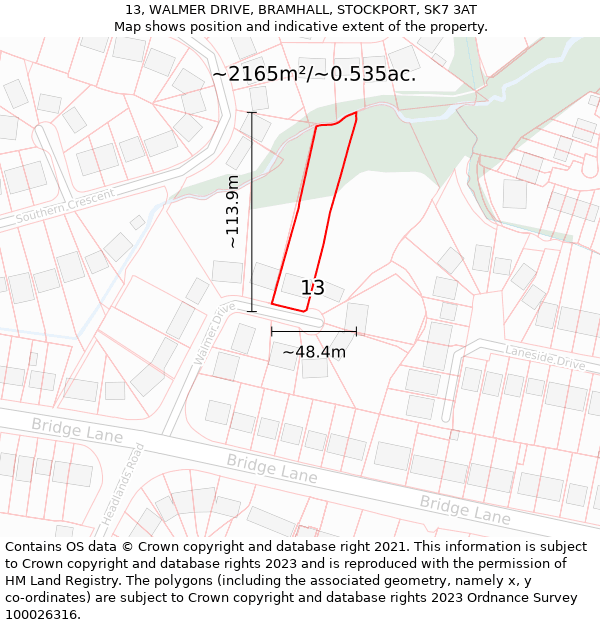 13, WALMER DRIVE, BRAMHALL, STOCKPORT, SK7 3AT: Plot and title map