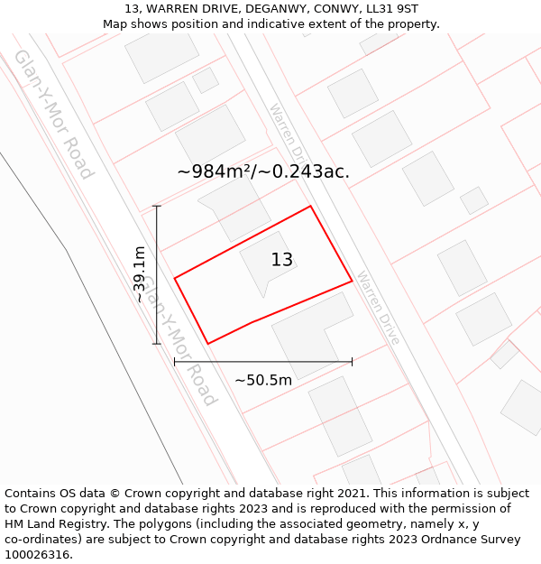 13, WARREN DRIVE, DEGANWY, CONWY, LL31 9ST: Plot and title map