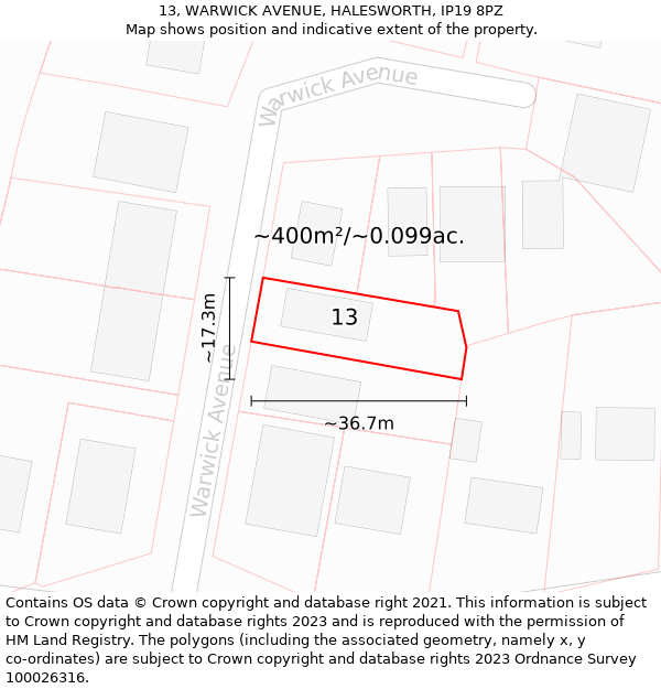 13, WARWICK AVENUE, HALESWORTH, IP19 8PZ: Plot and title map