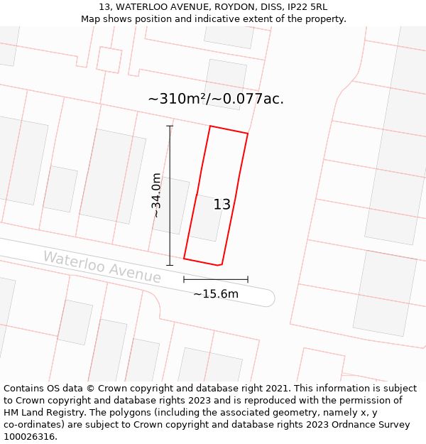 13, WATERLOO AVENUE, ROYDON, DISS, IP22 5RL: Plot and title map