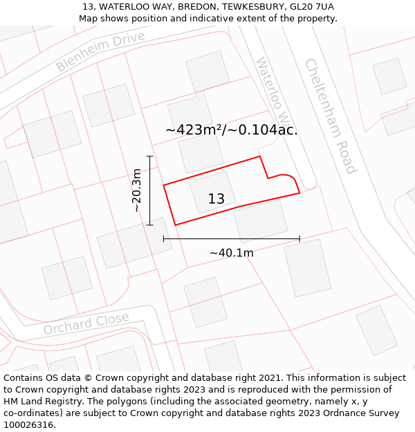 13, WATERLOO WAY, BREDON, TEWKESBURY, GL20 7UA: Plot and title map