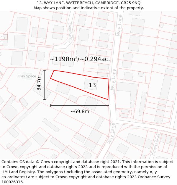 13, WAY LANE, WATERBEACH, CAMBRIDGE, CB25 9NQ: Plot and title map