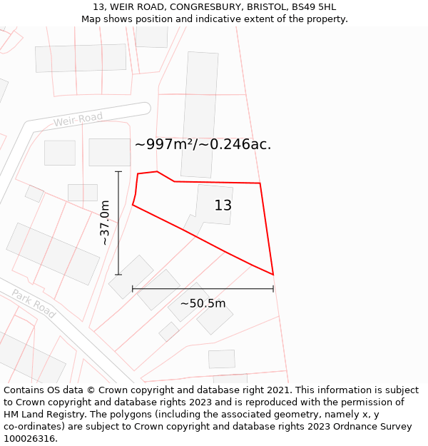 13, WEIR ROAD, CONGRESBURY, BRISTOL, BS49 5HL: Plot and title map