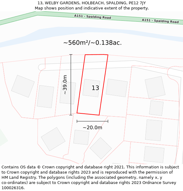 13, WELBY GARDENS, HOLBEACH, SPALDING, PE12 7JY: Plot and title map