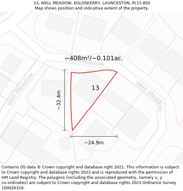 13, WELL MEADOW, EGLOSKERRY, LAUNCESTON, PL15 8SS: Plot and title map