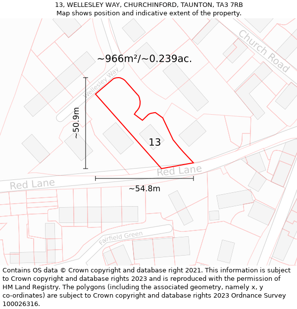 13, WELLESLEY WAY, CHURCHINFORD, TAUNTON, TA3 7RB: Plot and title map