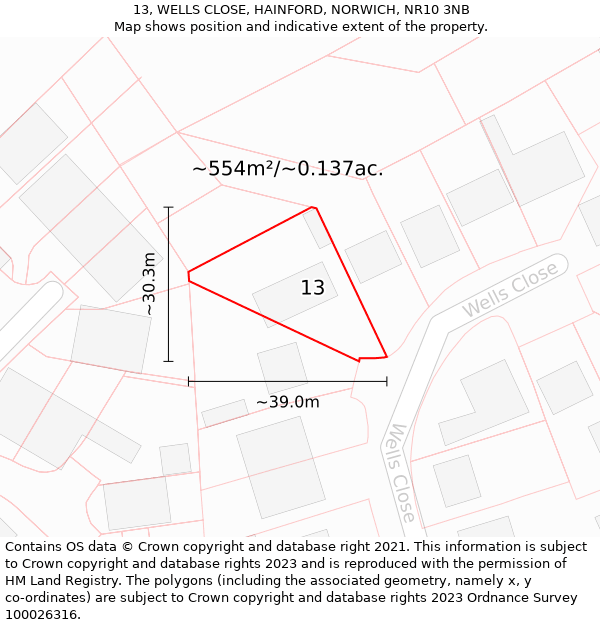 13, WELLS CLOSE, HAINFORD, NORWICH, NR10 3NB: Plot and title map