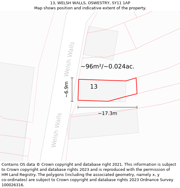 13, WELSH WALLS, OSWESTRY, SY11 1AP: Plot and title map