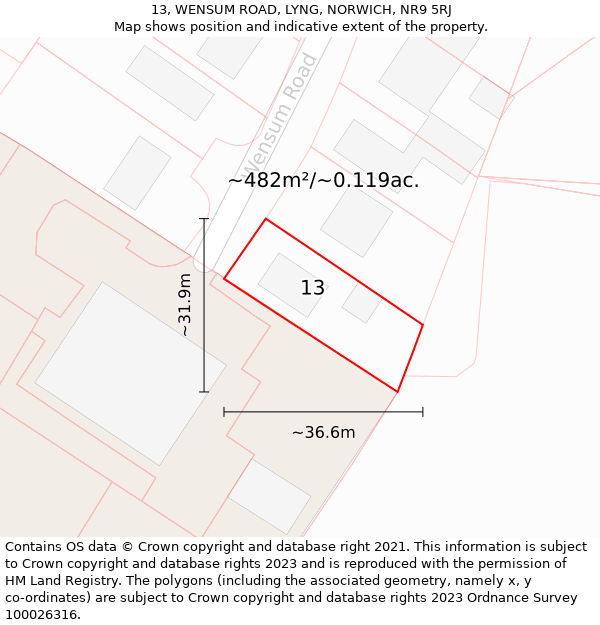 13, WENSUM ROAD, LYNG, NORWICH, NR9 5RJ: Plot and title map