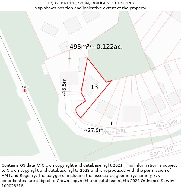 13, WERNDDU, SARN, BRIDGEND, CF32 9ND: Plot and title map