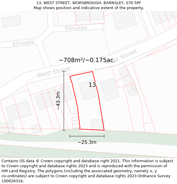 13, WEST STREET, WORSBROUGH, BARNSLEY, S70 5PF: Plot and title map