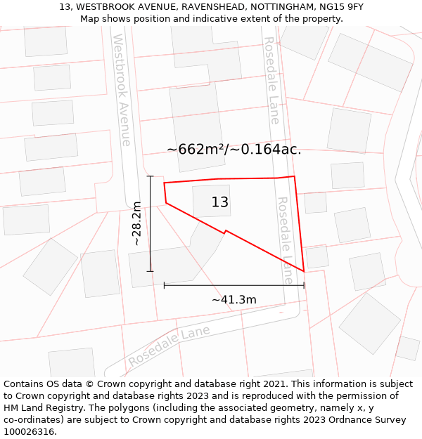 13, WESTBROOK AVENUE, RAVENSHEAD, NOTTINGHAM, NG15 9FY: Plot and title map