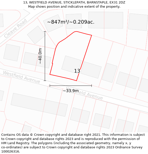 13, WESTFIELD AVENUE, STICKLEPATH, BARNSTAPLE, EX31 2DZ: Plot and title map