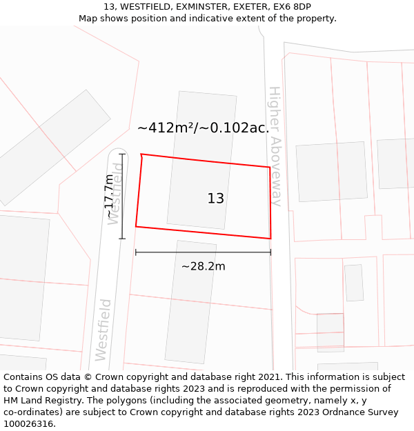 13, WESTFIELD, EXMINSTER, EXETER, EX6 8DP: Plot and title map