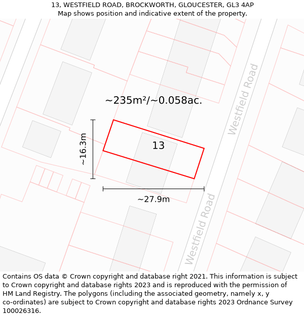 13, WESTFIELD ROAD, BROCKWORTH, GLOUCESTER, GL3 4AP: Plot and title map