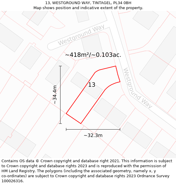 13, WESTGROUND WAY, TINTAGEL, PL34 0BH: Plot and title map