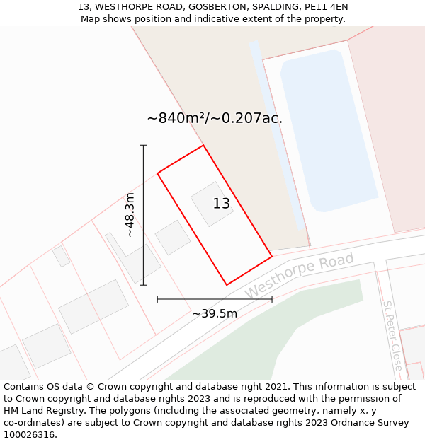 13, WESTHORPE ROAD, GOSBERTON, SPALDING, PE11 4EN: Plot and title map