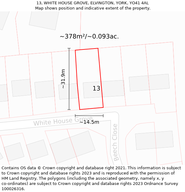 13, WHITE HOUSE GROVE, ELVINGTON, YORK, YO41 4AL: Plot and title map