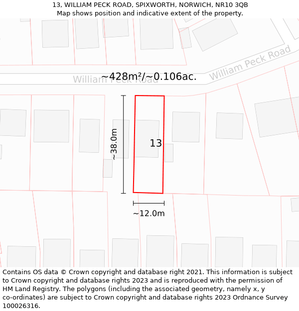 13, WILLIAM PECK ROAD, SPIXWORTH, NORWICH, NR10 3QB: Plot and title map