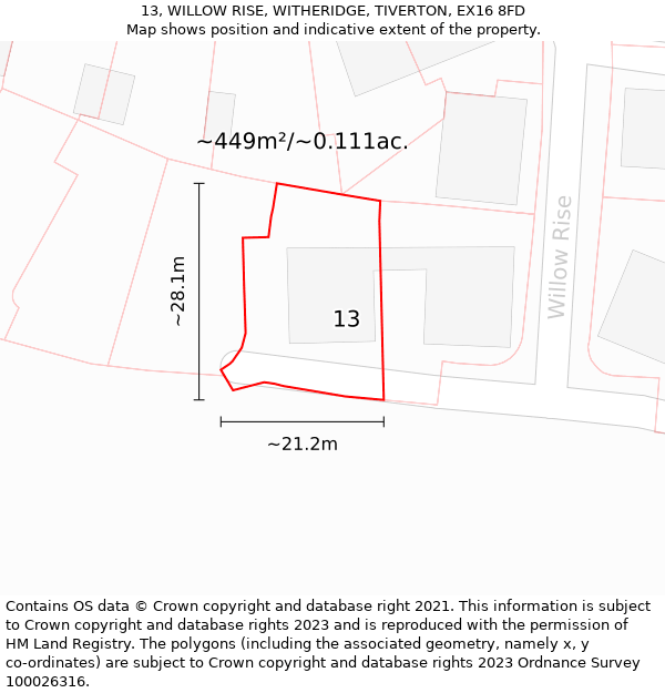 13, WILLOW RISE, WITHERIDGE, TIVERTON, EX16 8FD: Plot and title map