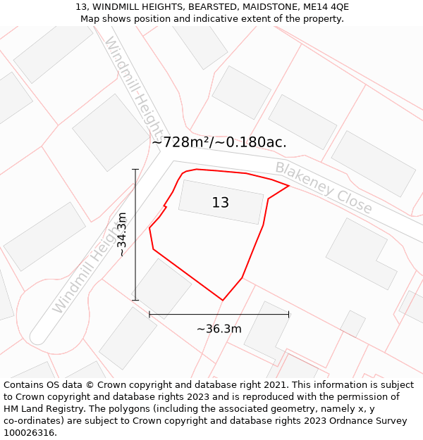 13, WINDMILL HEIGHTS, BEARSTED, MAIDSTONE, ME14 4QE: Plot and title map