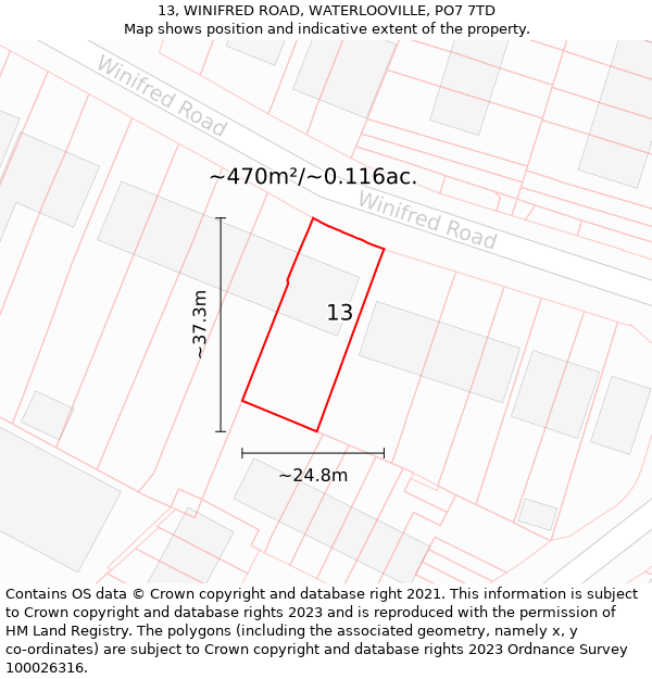 13, WINIFRED ROAD, WATERLOOVILLE, PO7 7TD: Plot and title map