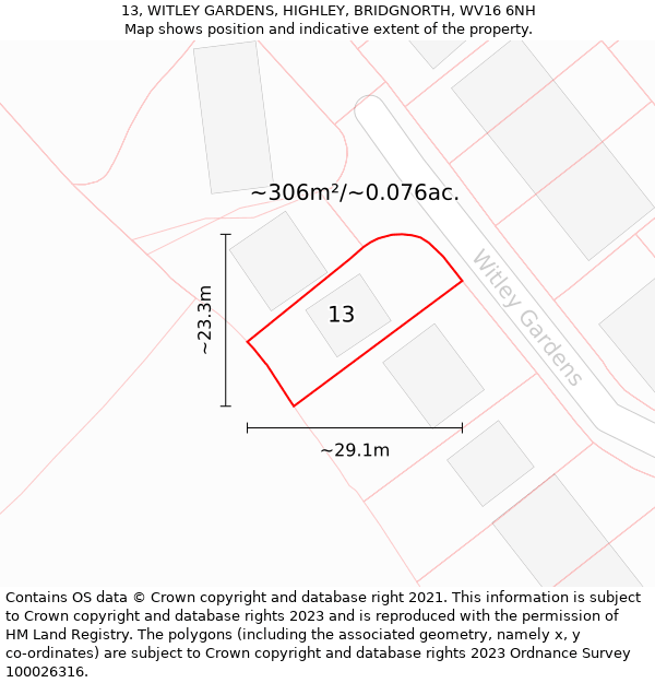 13, WITLEY GARDENS, HIGHLEY, BRIDGNORTH, WV16 6NH: Plot and title map