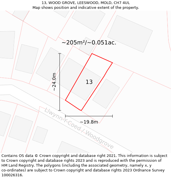 13, WOOD GROVE, LEESWOOD, MOLD, CH7 4UL: Plot and title map