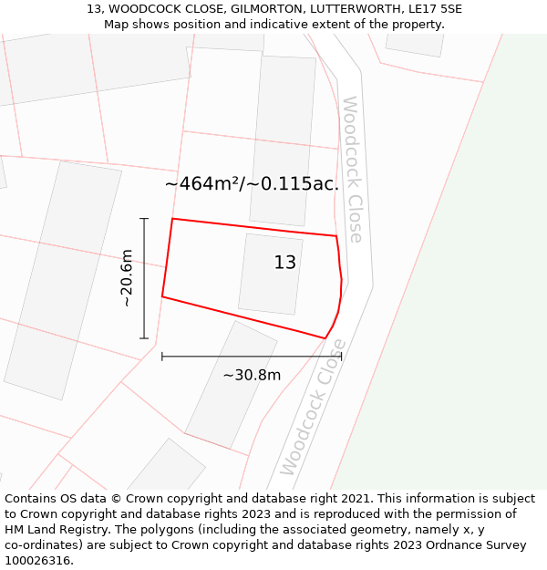 13, WOODCOCK CLOSE, GILMORTON, LUTTERWORTH, LE17 5SE: Plot and title map