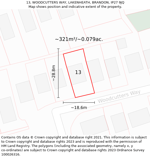 13, WOODCUTTERS WAY, LAKENHEATH, BRANDON, IP27 9JQ: Plot and title map