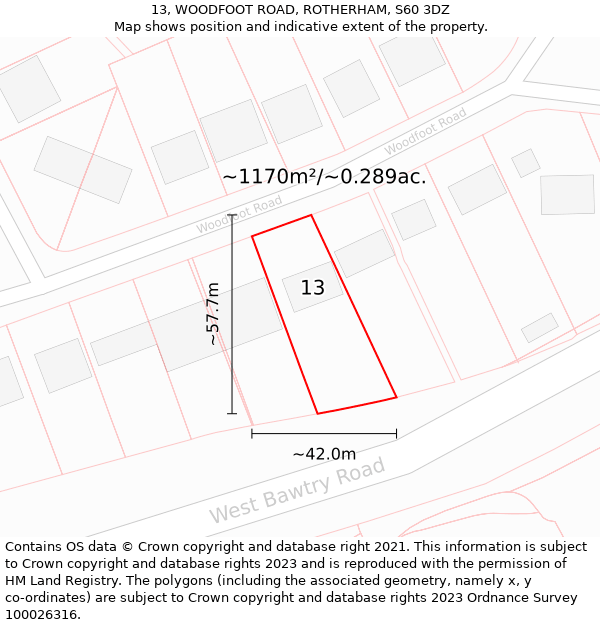 13, WOODFOOT ROAD, ROTHERHAM, S60 3DZ: Plot and title map