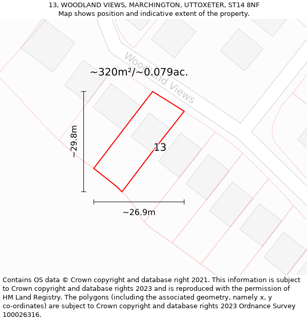 13, WOODLAND VIEWS, MARCHINGTON, UTTOXETER, ST14 8NF: Plot and title map