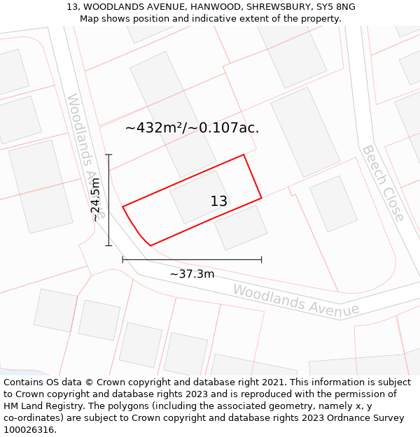 13, WOODLANDS AVENUE, HANWOOD, SHREWSBURY, SY5 8NG: Plot and title map