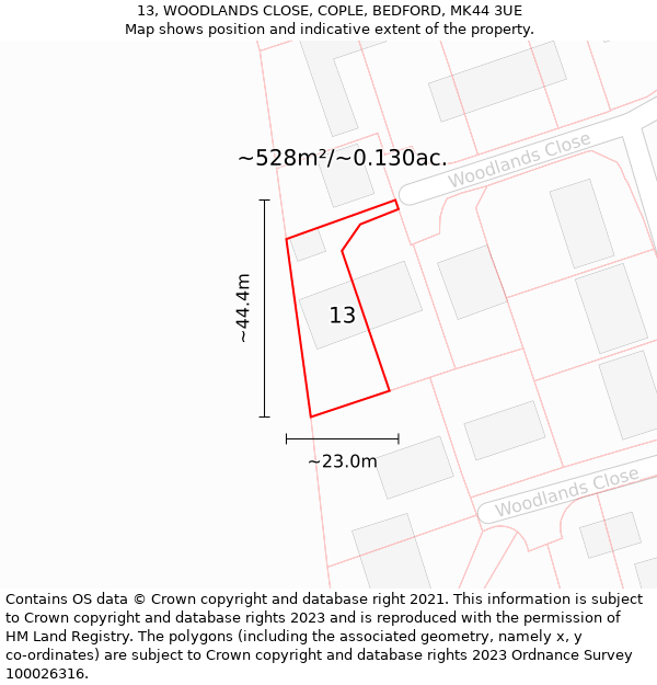 13, WOODLANDS CLOSE, COPLE, BEDFORD, MK44 3UE: Plot and title map