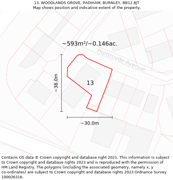 13, WOODLANDS GROVE, PADIHAM, BURNLEY, BB12 8JT: Plot and title map