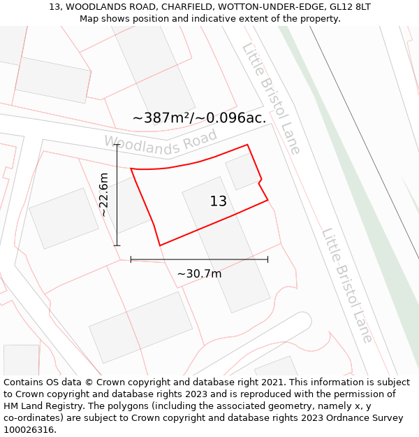 13, WOODLANDS ROAD, CHARFIELD, WOTTON-UNDER-EDGE, GL12 8LT: Plot and title map