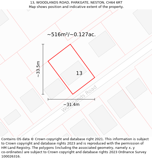 13, WOODLANDS ROAD, PARKGATE, NESTON, CH64 6RT: Plot and title map