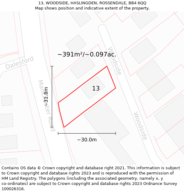 13, WOODSIDE, HASLINGDEN, ROSSENDALE, BB4 6QQ: Plot and title map