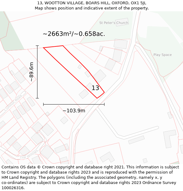 13, WOOTTON VILLAGE, BOARS HILL, OXFORD, OX1 5JL: Plot and title map