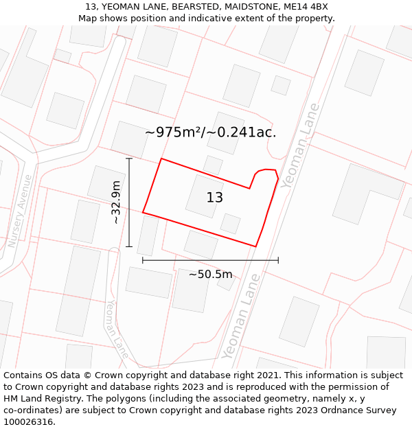 13, YEOMAN LANE, BEARSTED, MAIDSTONE, ME14 4BX: Plot and title map