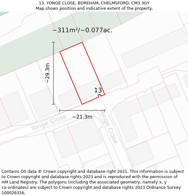 13, YONGE CLOSE, BOREHAM, CHELMSFORD, CM3 3GY: Plot and title map