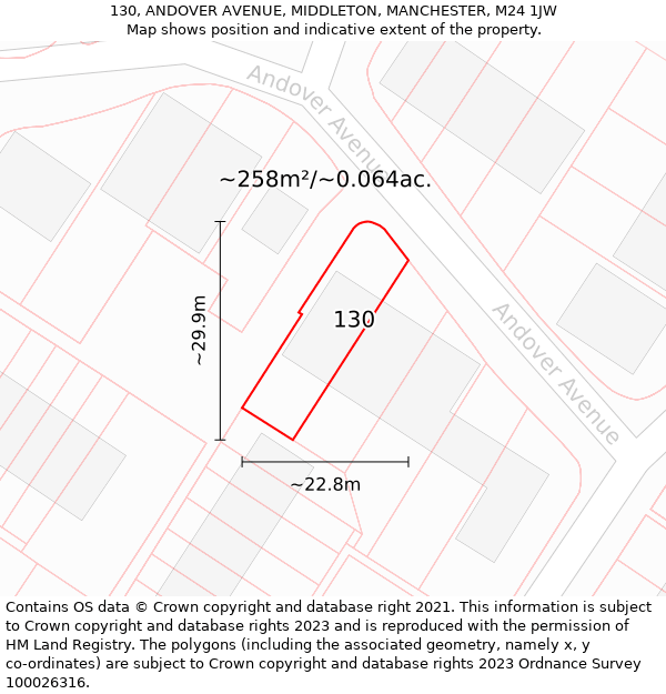 130, ANDOVER AVENUE, MIDDLETON, MANCHESTER, M24 1JW: Plot and title map