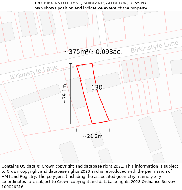 130, BIRKINSTYLE LANE, SHIRLAND, ALFRETON, DE55 6BT: Plot and title map