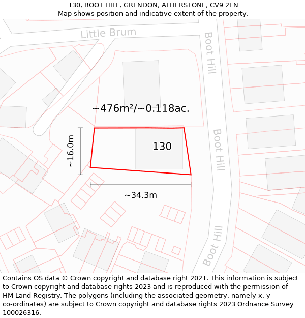 130, BOOT HILL, GRENDON, ATHERSTONE, CV9 2EN: Plot and title map