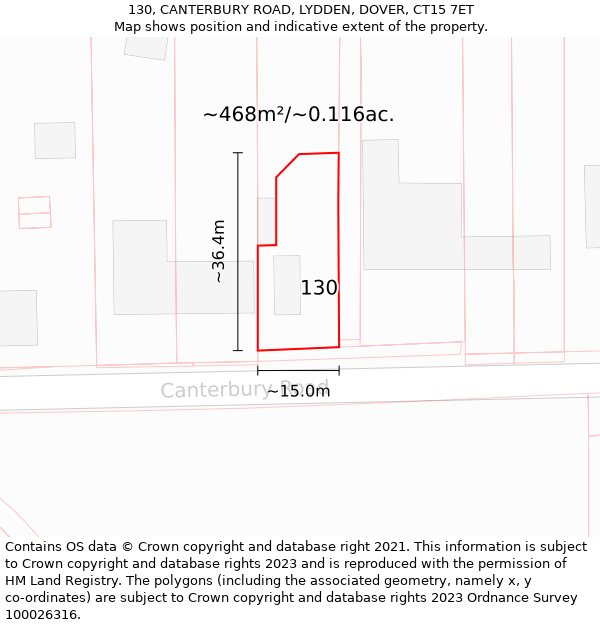 130, CANTERBURY ROAD, LYDDEN, DOVER, CT15 7ET: Plot and title map