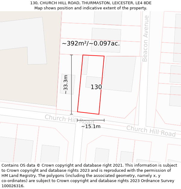 130, CHURCH HILL ROAD, THURMASTON, LEICESTER, LE4 8DE: Plot and title map