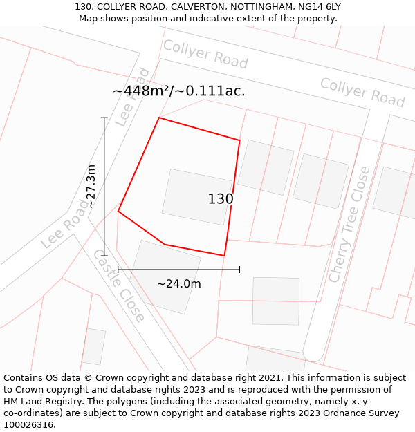 130, COLLYER ROAD, CALVERTON, NOTTINGHAM, NG14 6LY: Plot and title map