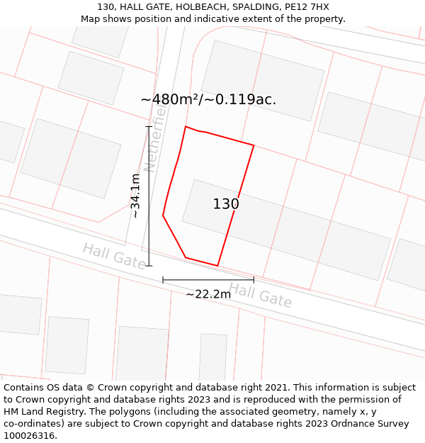 130, HALL GATE, HOLBEACH, SPALDING, PE12 7HX: Plot and title map