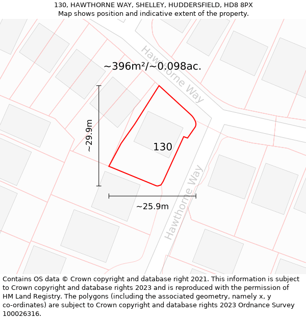 130, HAWTHORNE WAY, SHELLEY, HUDDERSFIELD, HD8 8PX: Plot and title map